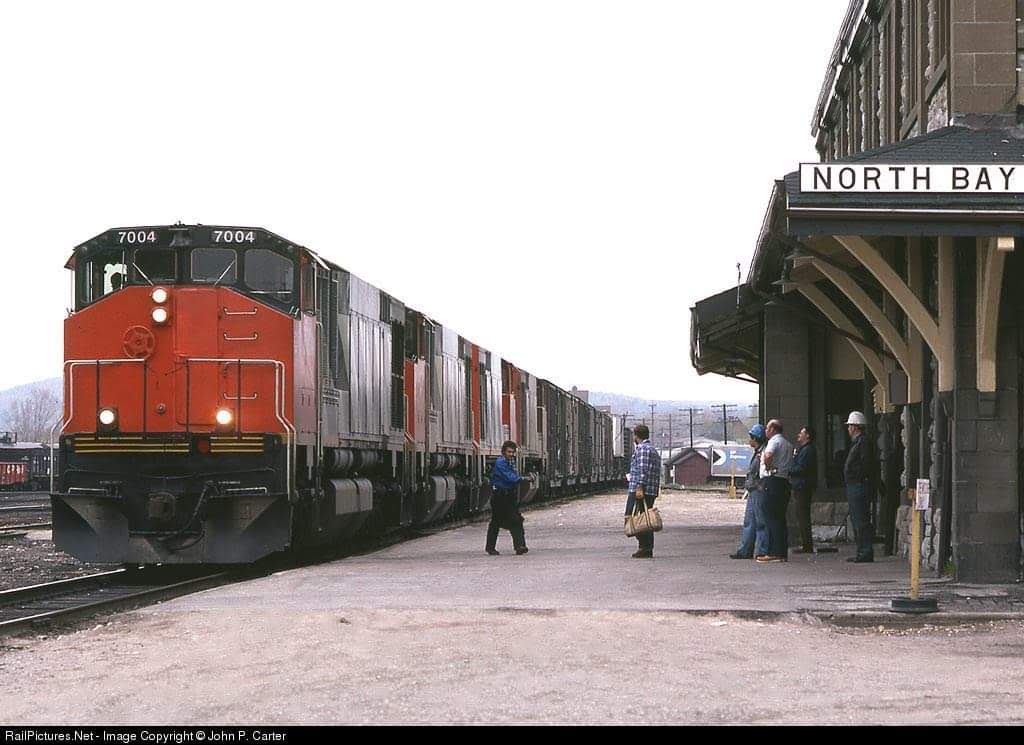 CP 482 pauses in North Bay with Bombardier demonstrators in 1983
